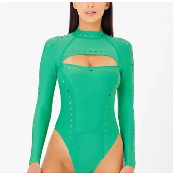 GIGI C Vibrant Green Cutout Swim Bodysuit - Picture 1 of 12
